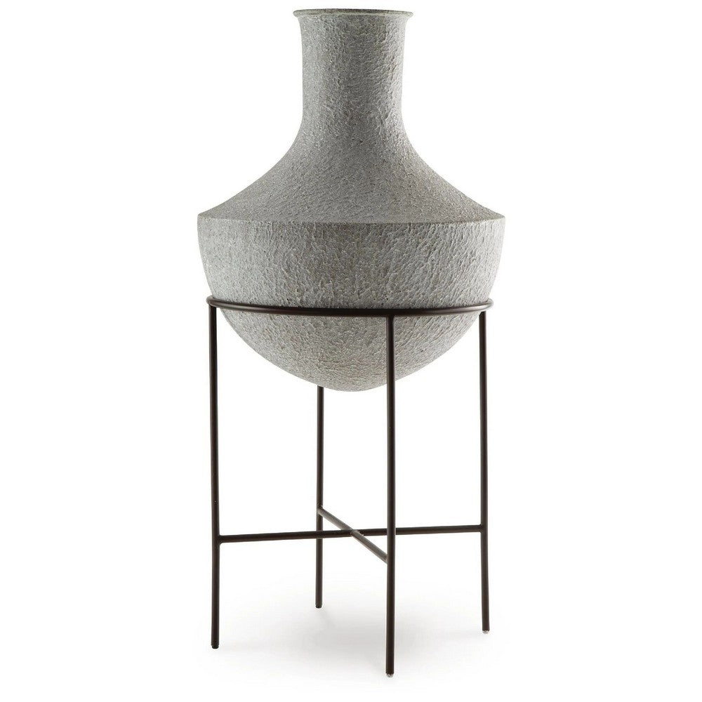 Esta Pottery Style Vase w Stand, Distressed Cream, Espresso Brown 29 Inch - BM355620