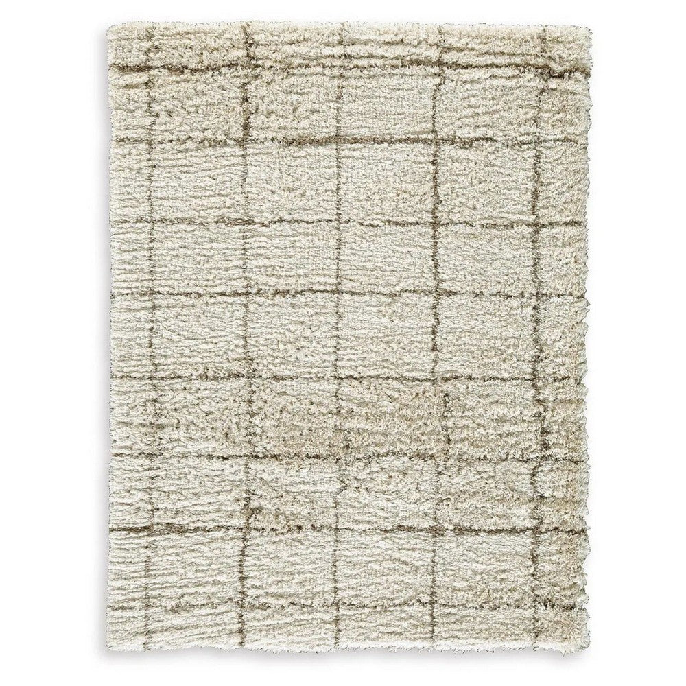 Wreno 5x7 Medium Area Rug, Plaid Pattern, 50mm Pile, Cream and Brown PET