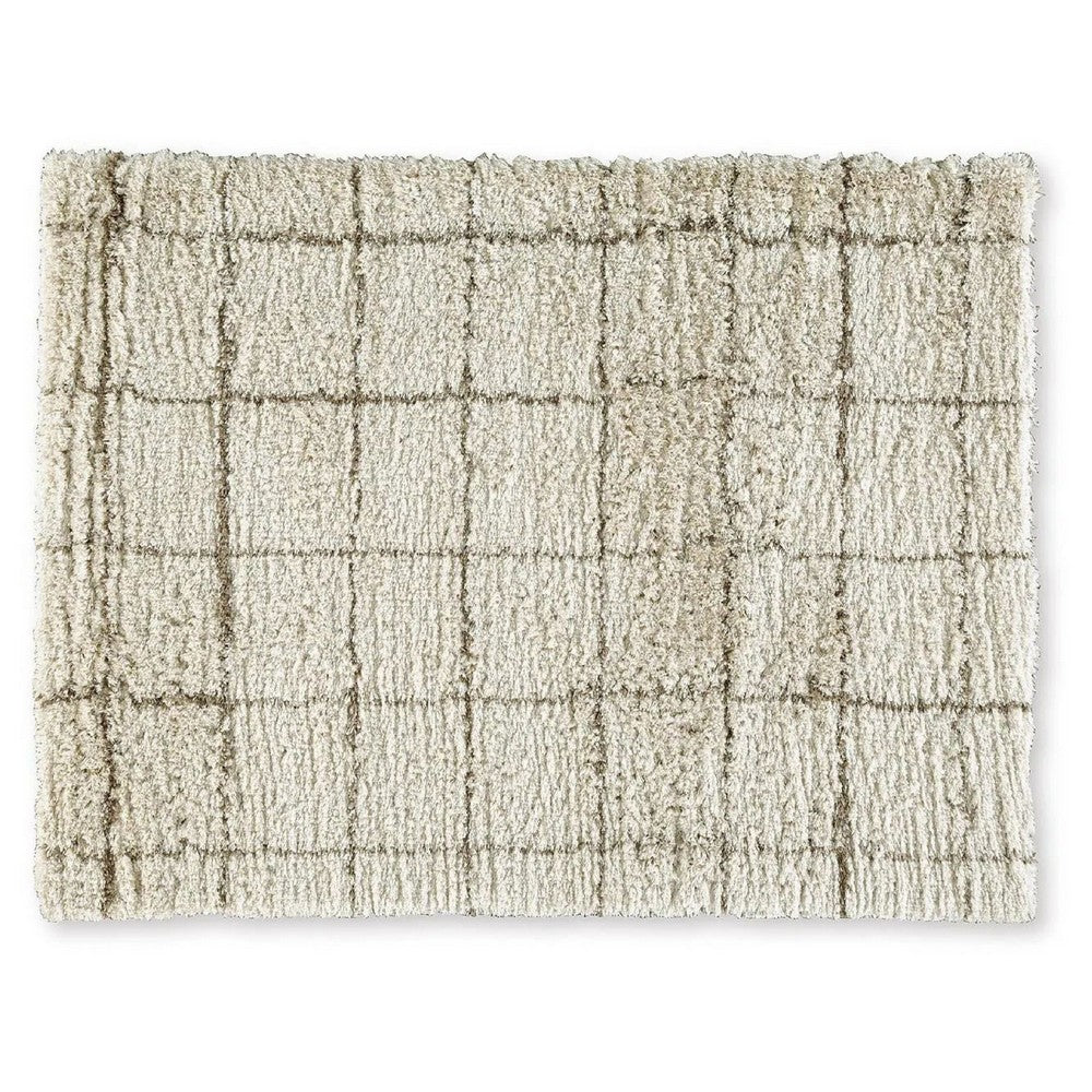 Wreno 5x7 Medium Area Rug, Plaid Pattern, 50mm Pile, Cream and Brown PET