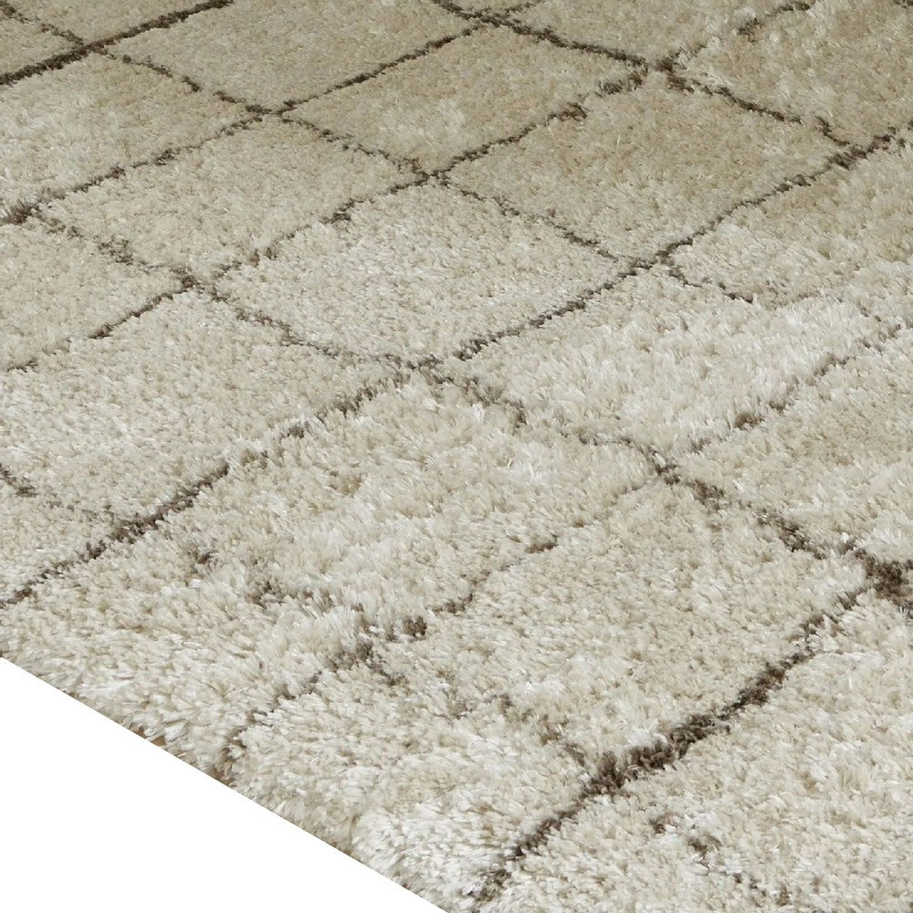 Wreno 5x7 Medium Area Rug, Plaid Pattern, 50mm Pile, Cream and Brown PET