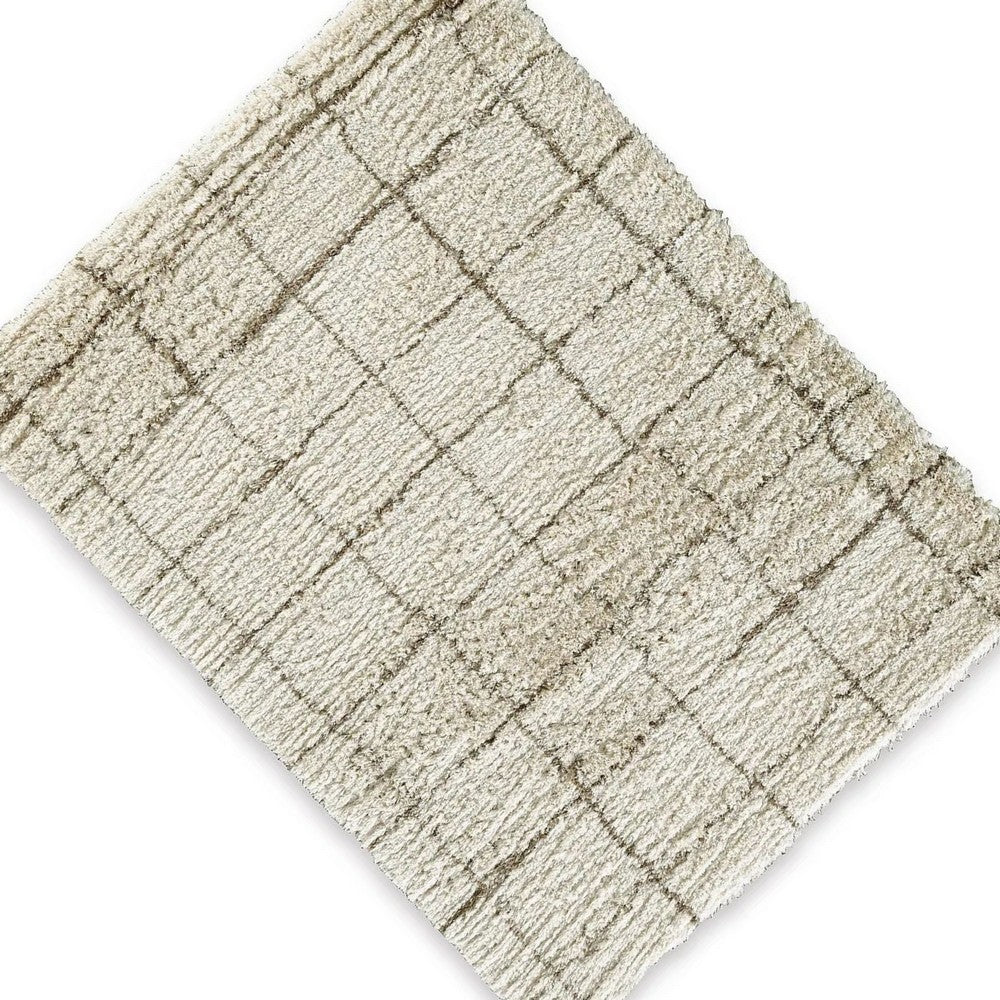 Wreno 5x7 Medium Area Rug, Plaid Pattern, 50mm Pile, Cream and Brown PET