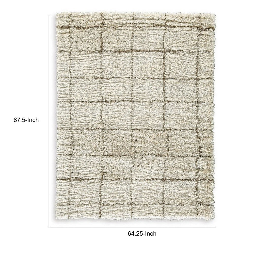 Wreno 5x7 Medium Area Rug, Plaid Pattern, 50mm Pile, Cream and Brown PET