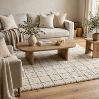 Wreno 5x7 Medium Area Rug, Plaid Pattern, 50mm Pile, Cream and Brown PET