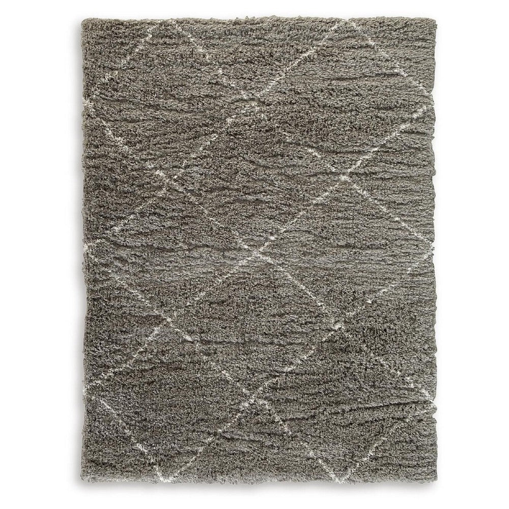 Wreno 5x7 Medium Area Rug, Diamond Pattern, 50mm Pile, Cream and Gray PET