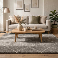 Wreno 5x7 Medium Area Rug, Diamond Pattern, 50mm Pile, Cream and Gray PET