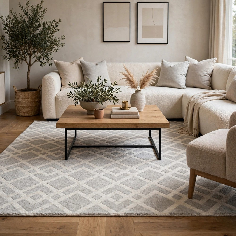 Unos 5x7 Geometric Medium Area Rug, Ivory Gray Polypropylene Polyester