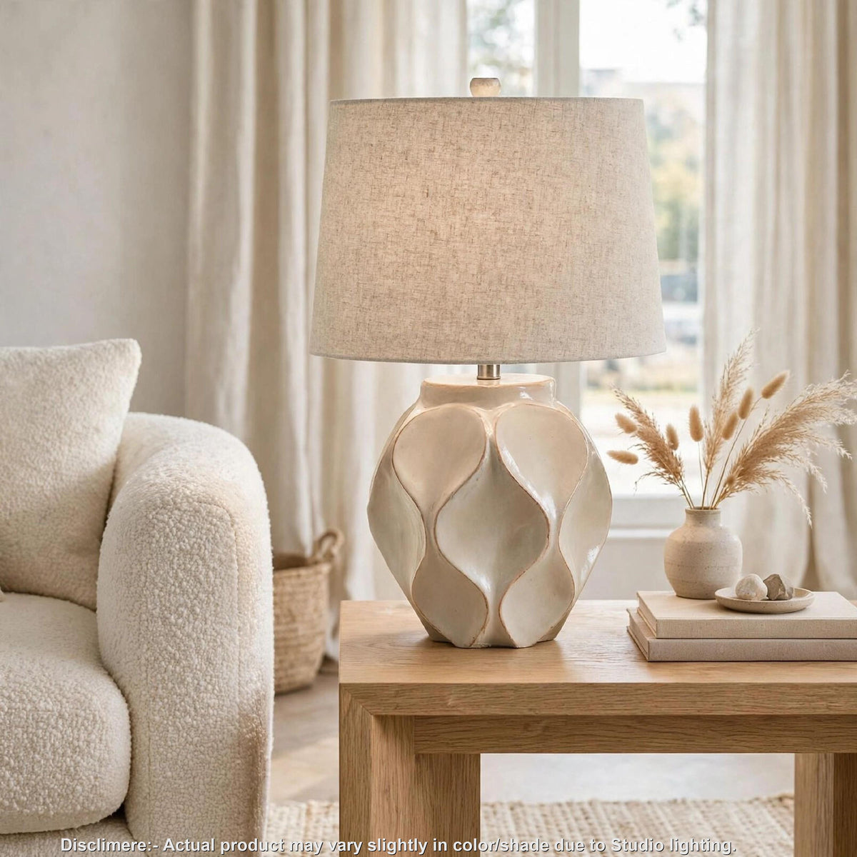 Eddy Table Lamp, Sculptural Curves, Glossy Cream Paper Composite 25 Inch-BM355625