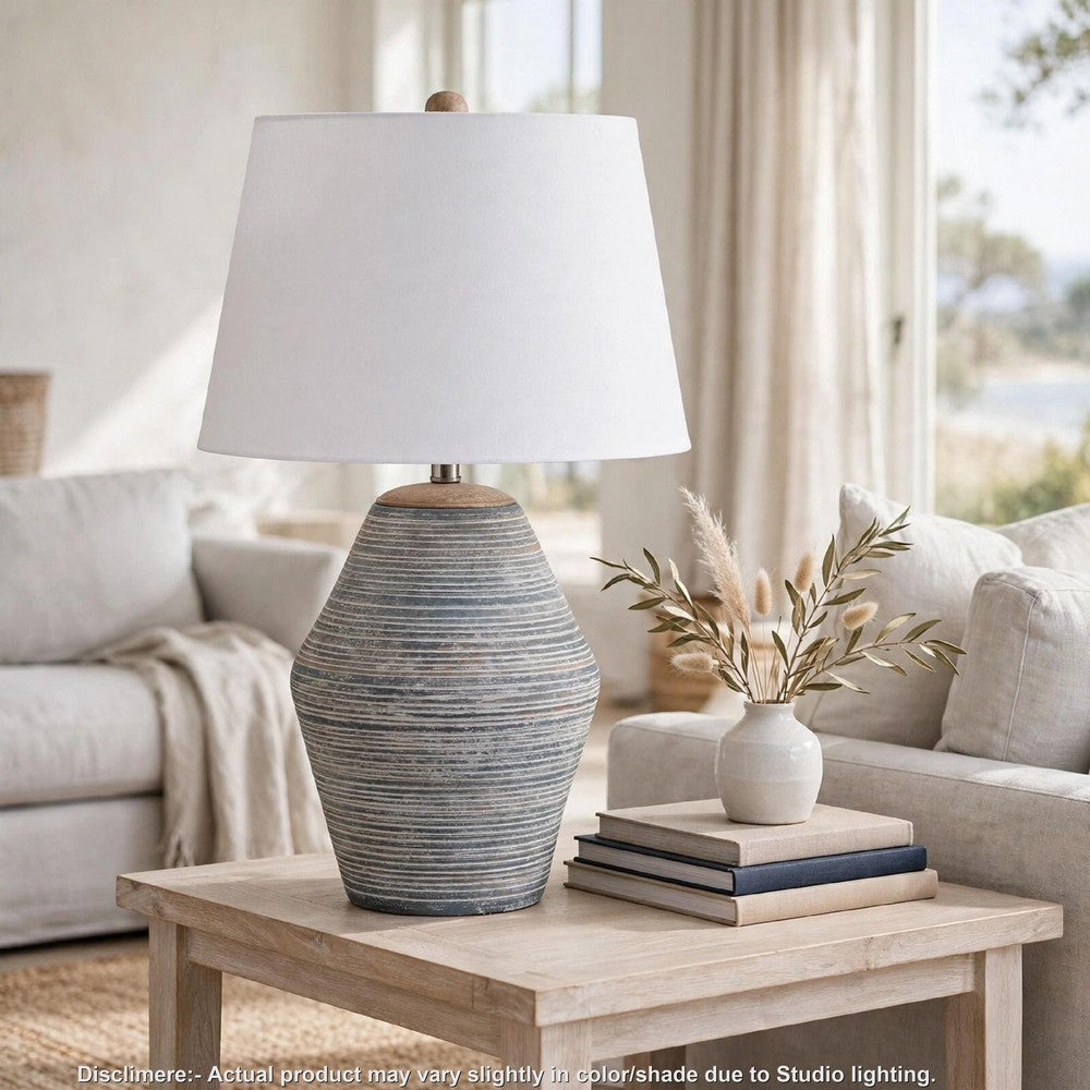 Lava Table Lamp, Vase Shape, Drum Shade, Blue and White Terracotta 29 Inch - BM355626