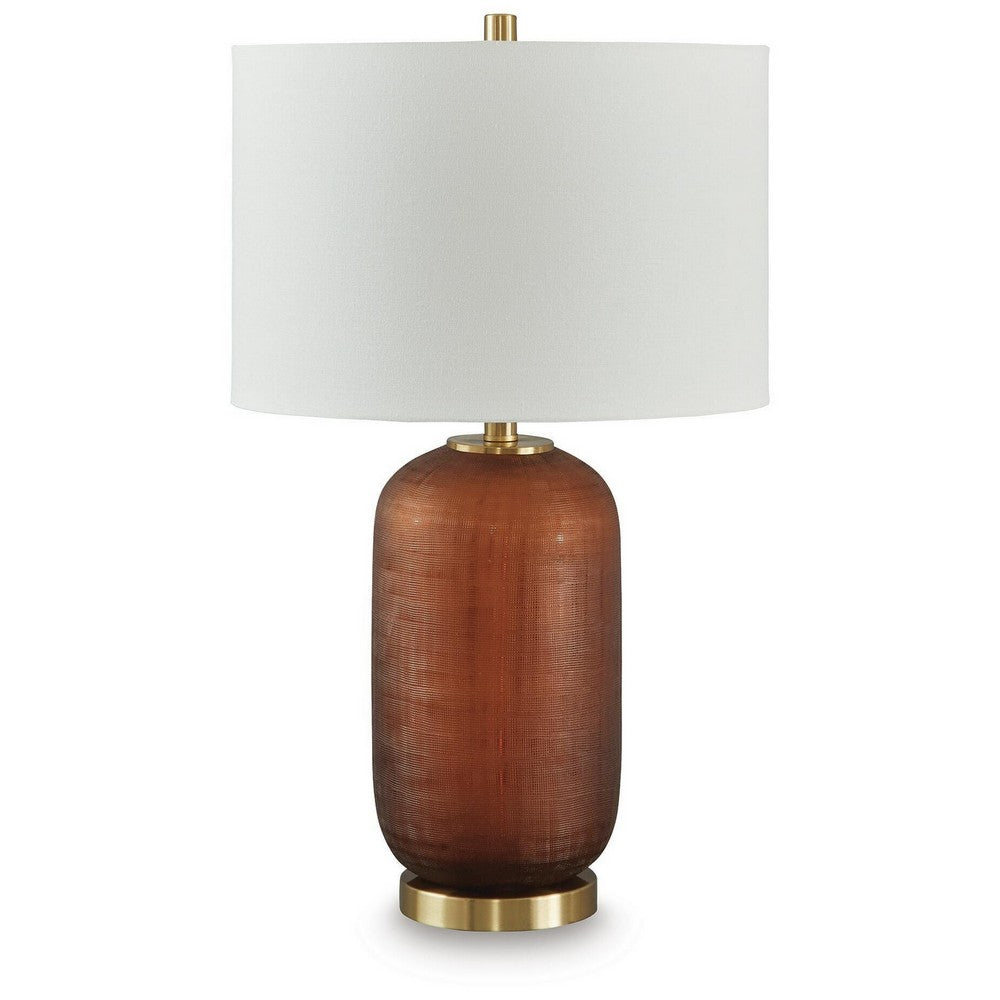 Arma Table Lamp, Carved Glass Body, Gold Base, Amber Brown, White 27 Inch-BM355627