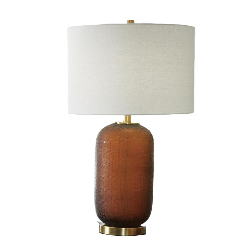 Arma Table Lamp, Carved Glass Body, Gold Base, Amber Brown, White 27 Inch-BM355627