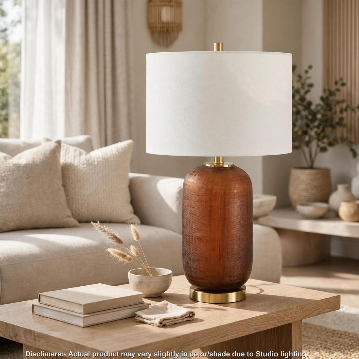 Arma Table Lamp, Carved Glass Body, Gold Base, Amber Brown, White 27 Inch-BM355627