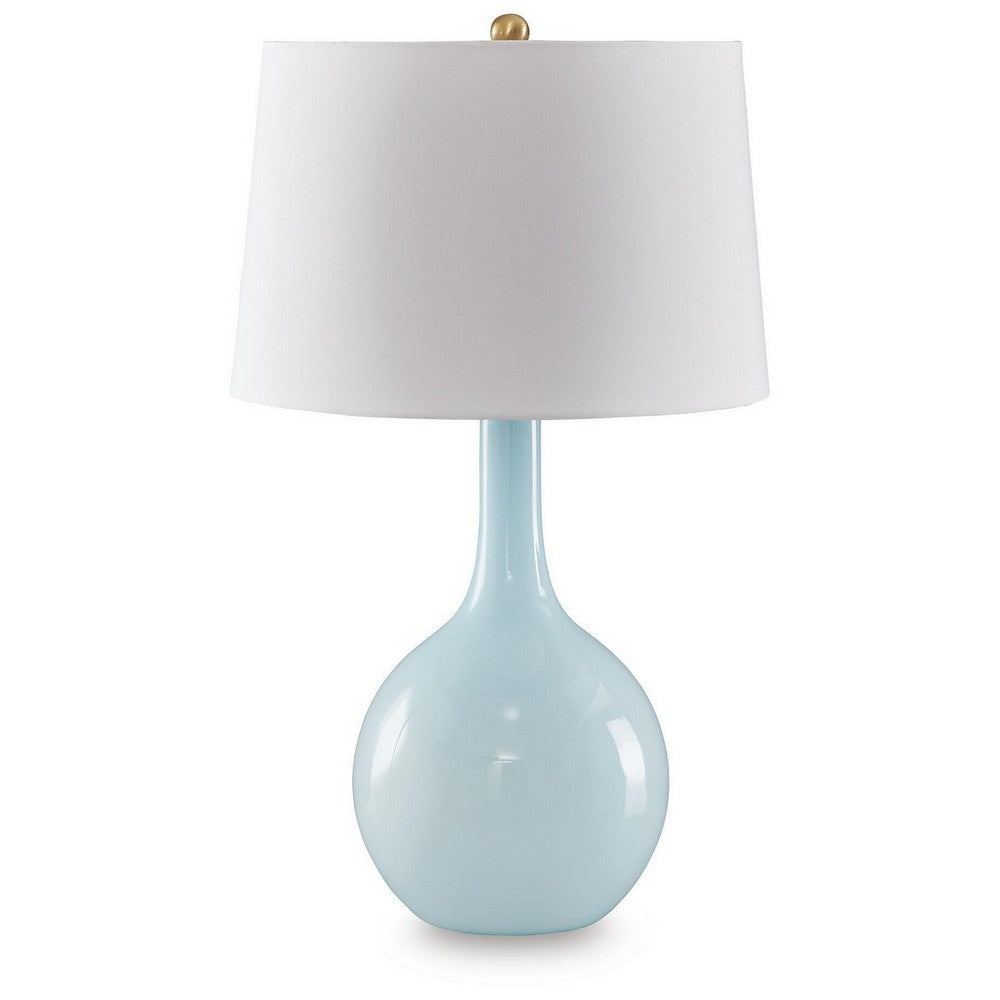 Yela Table Lamp, Bulbous Glass Body, White Drum Shade, Aqua Blue 29 Inch - BM355628
