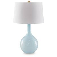 Yela Table Lamp, Bulbous Glass Body, White Drum Shade, Aqua Blue 29 Inch - BM355628