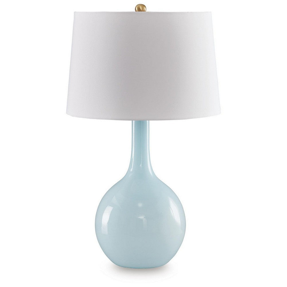 Yela Table Lamp, Bulbous Glass Body, White Drum Shade, Aqua Blue 29 Inch - BM355628