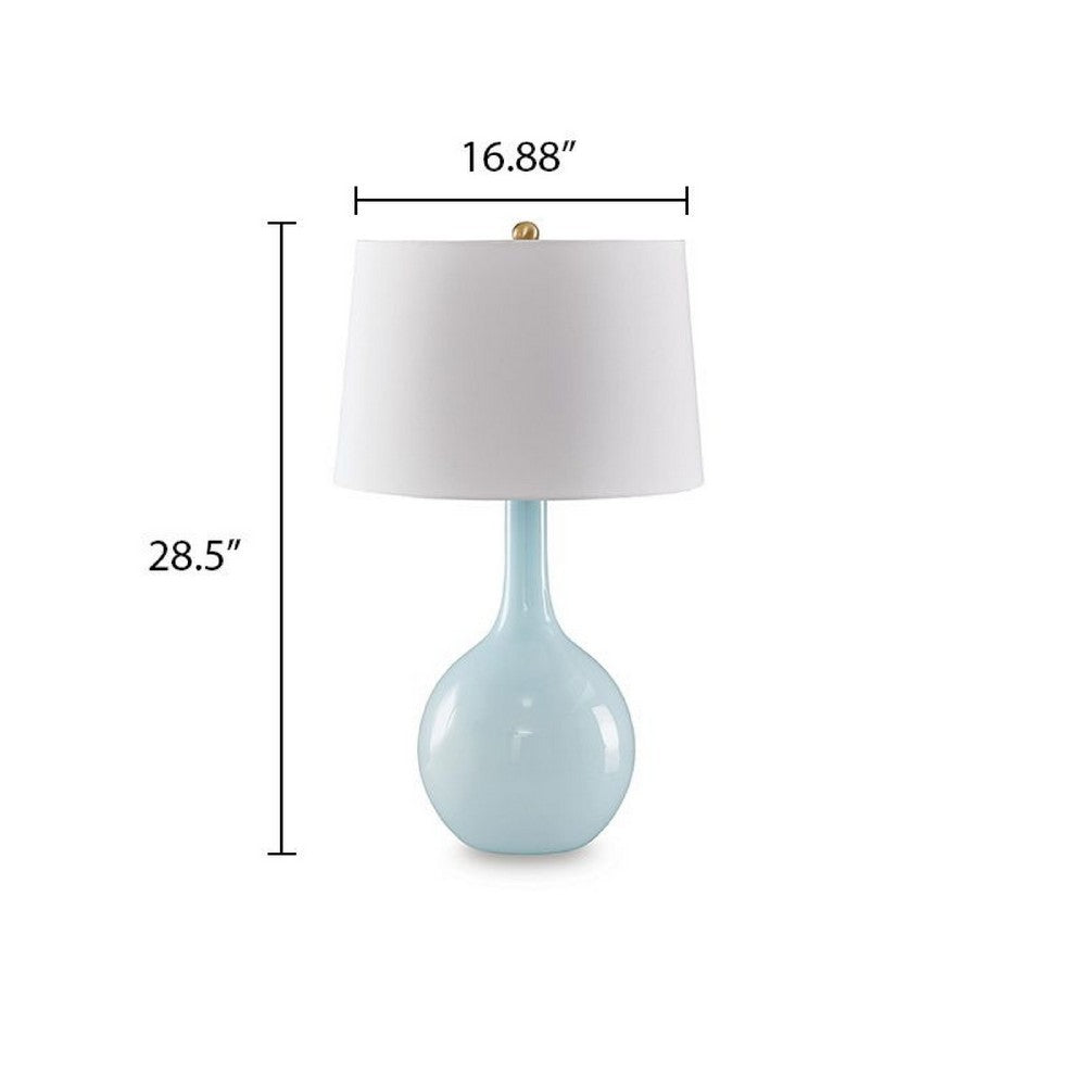 Yela Table Lamp, Bulbous Glass Body, White Drum Shade, Aqua Blue 29 Inch - BM355628
