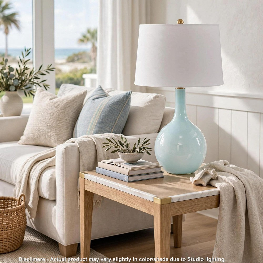 Yela Table Lamp, Bulbous Glass Body, White Drum Shade, Aqua Blue 29 Inch - BM355628