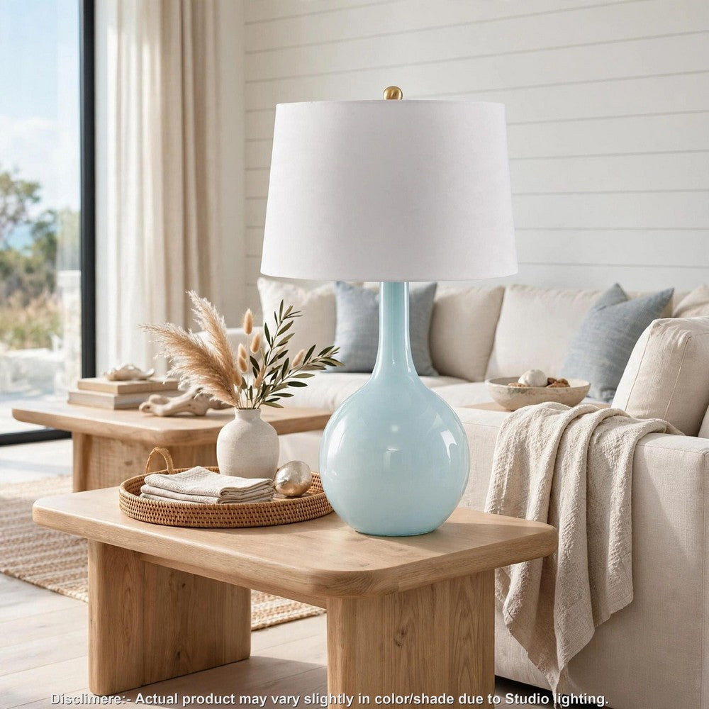 Yela Table Lamp, Bulbous Glass Body, White Drum Shade, Aqua Blue 29 Inch - BM355628