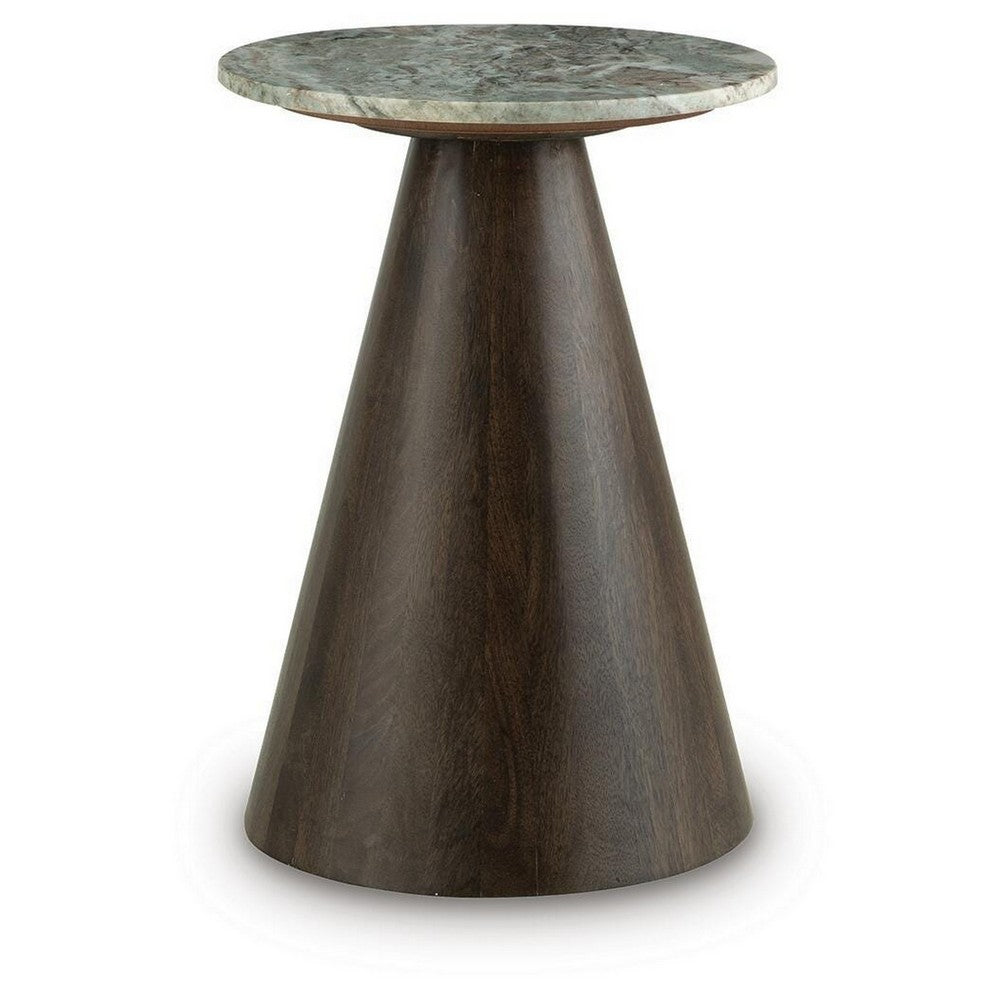 Nori Accent Table, Round Marble Top, Conical Wood Base, Brown 21 Inch-BM355629