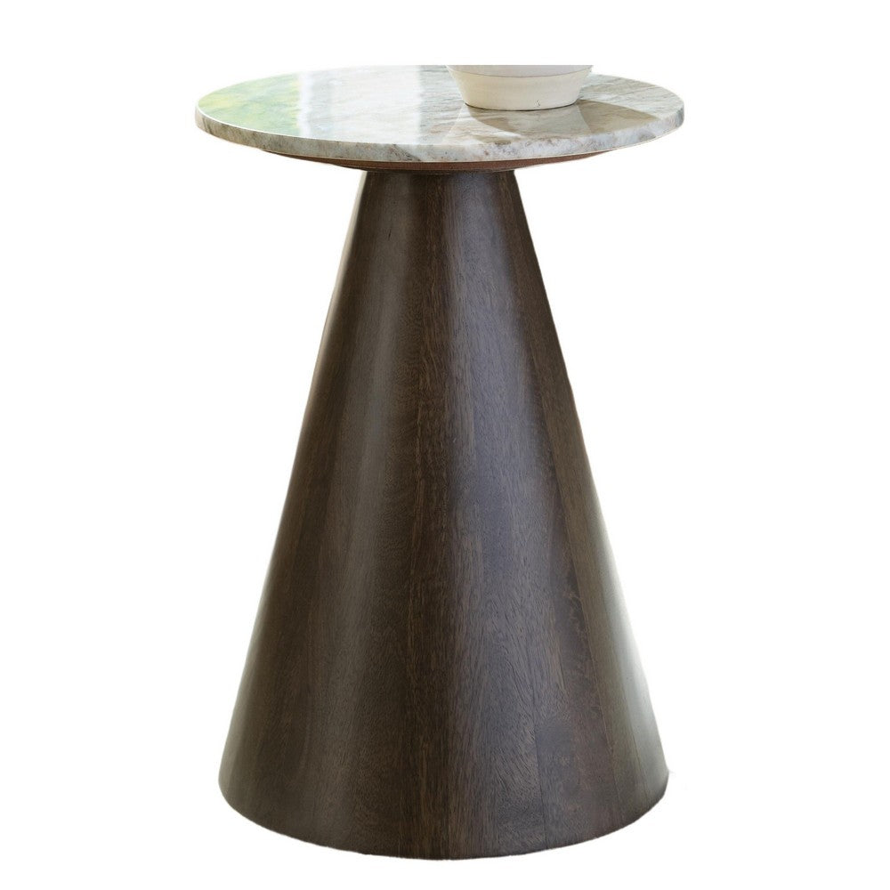 Nori Accent Table, Round Marble Top, Conical Wood Base, Brown 21 Inch-BM355629