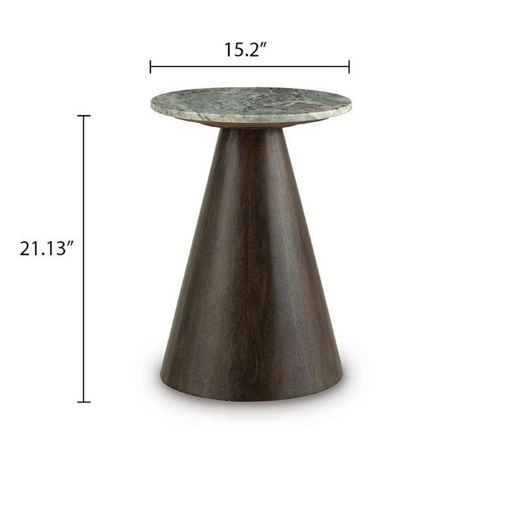 Nori Accent Table, Round Marble Top, Conical Wood Base, Brown 21 Inch-BM355629