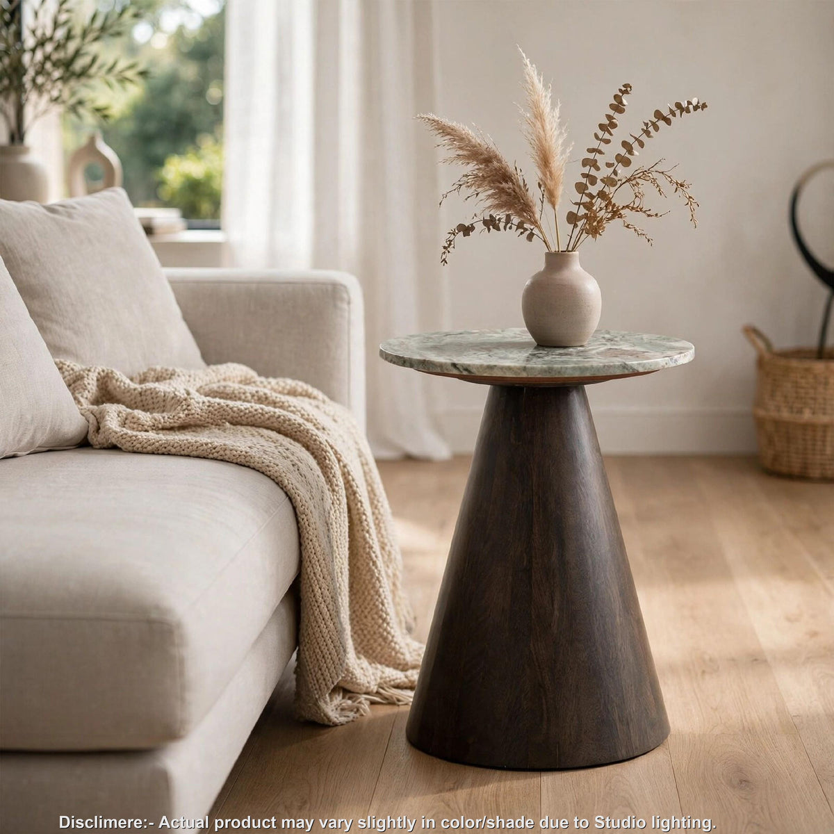 Nori Accent Table, Round Marble Top, Conical Wood Base, Brown 21 Inch-BM355629