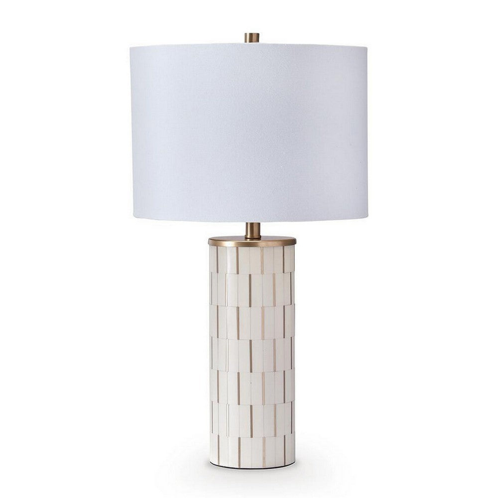 Fara Table Lamp, Cylindrical Base, Mosaic Pattern, White, Brass 29 Inch-BM355630