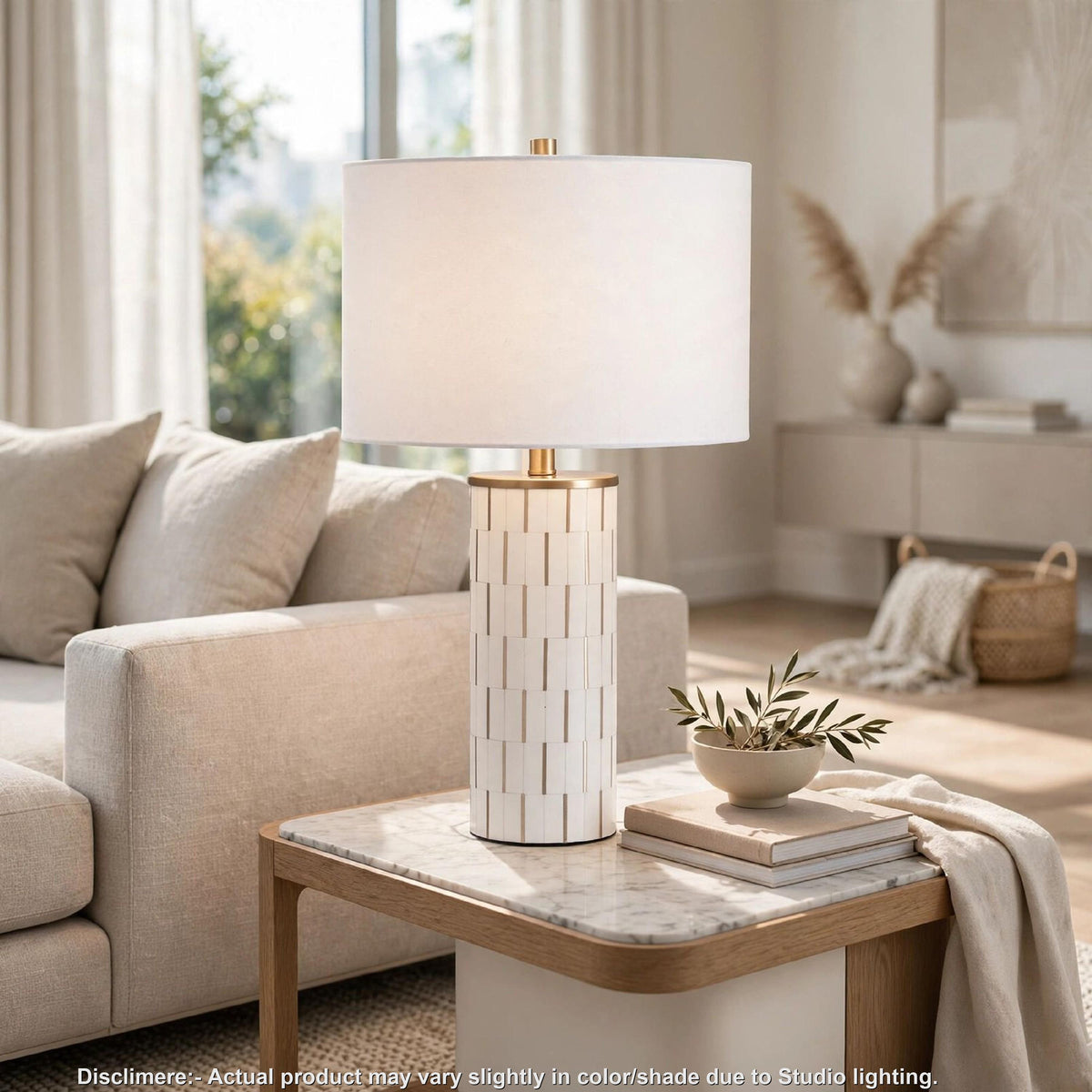 Fara Table Lamp, Cylindrical Base, Mosaic Pattern, White, Brass 29 Inch-BM355630
