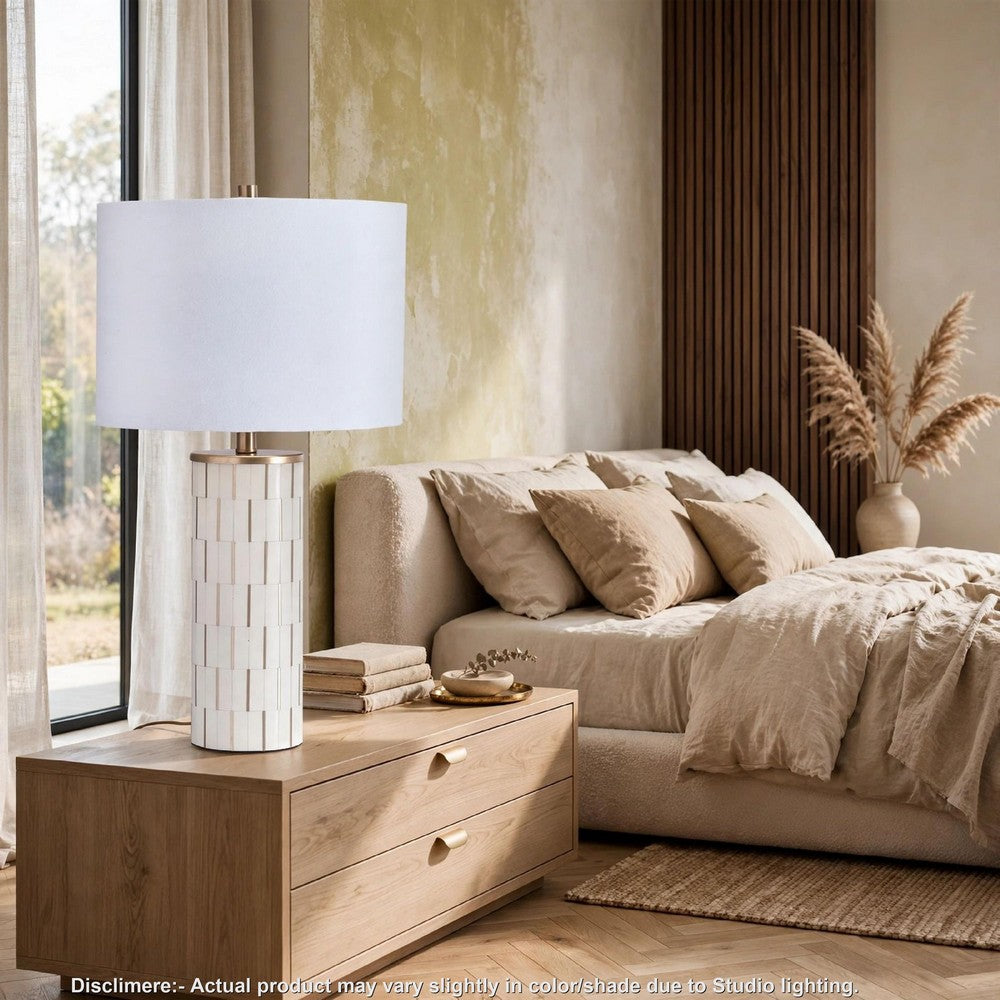 Fara Table Lamp, Cylindrical Base, Mosaic Pattern, White, Brass 29 Inch-BM355630