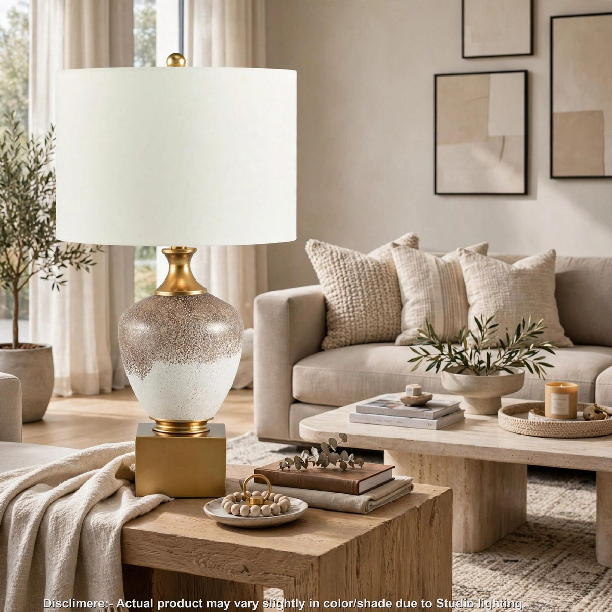 Tevi Table Lamp, Urn Shape, Block Base, Speckled  Brown and White 29 Inch-BM355631