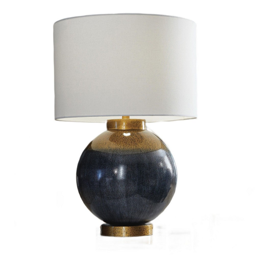Kara Table Lamp, Round Body, White Shade, Gold Blue Ombre Metal 27 Inch-BM355636