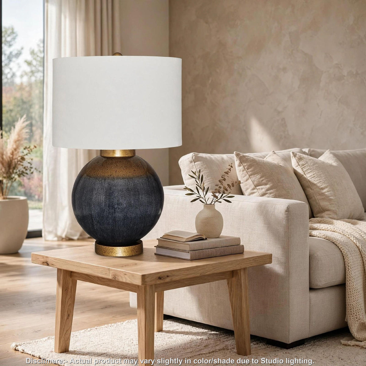 Kara Table Lamp, Round Body, White Shade, Gold Blue Ombre Metal 27 Inch-BM355636