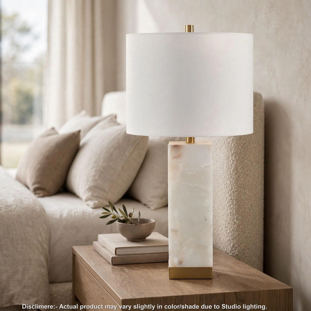 Linde Table Lamp w Nightlight, Alabaster Block Body, White, Gold 29 Inch - BM355645