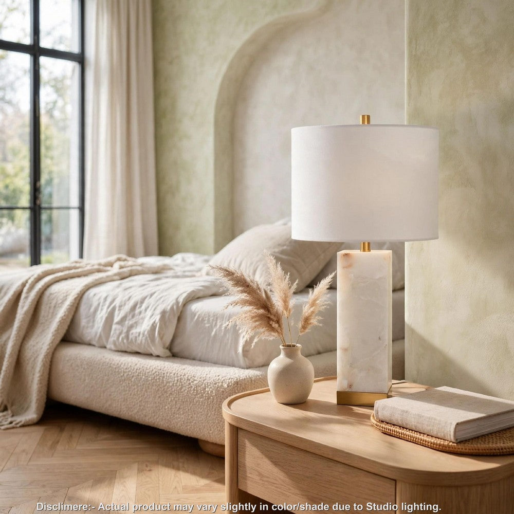 Linde Table Lamp w Nightlight, Alabaster Block Body, White, Gold 29 Inch - BM355645