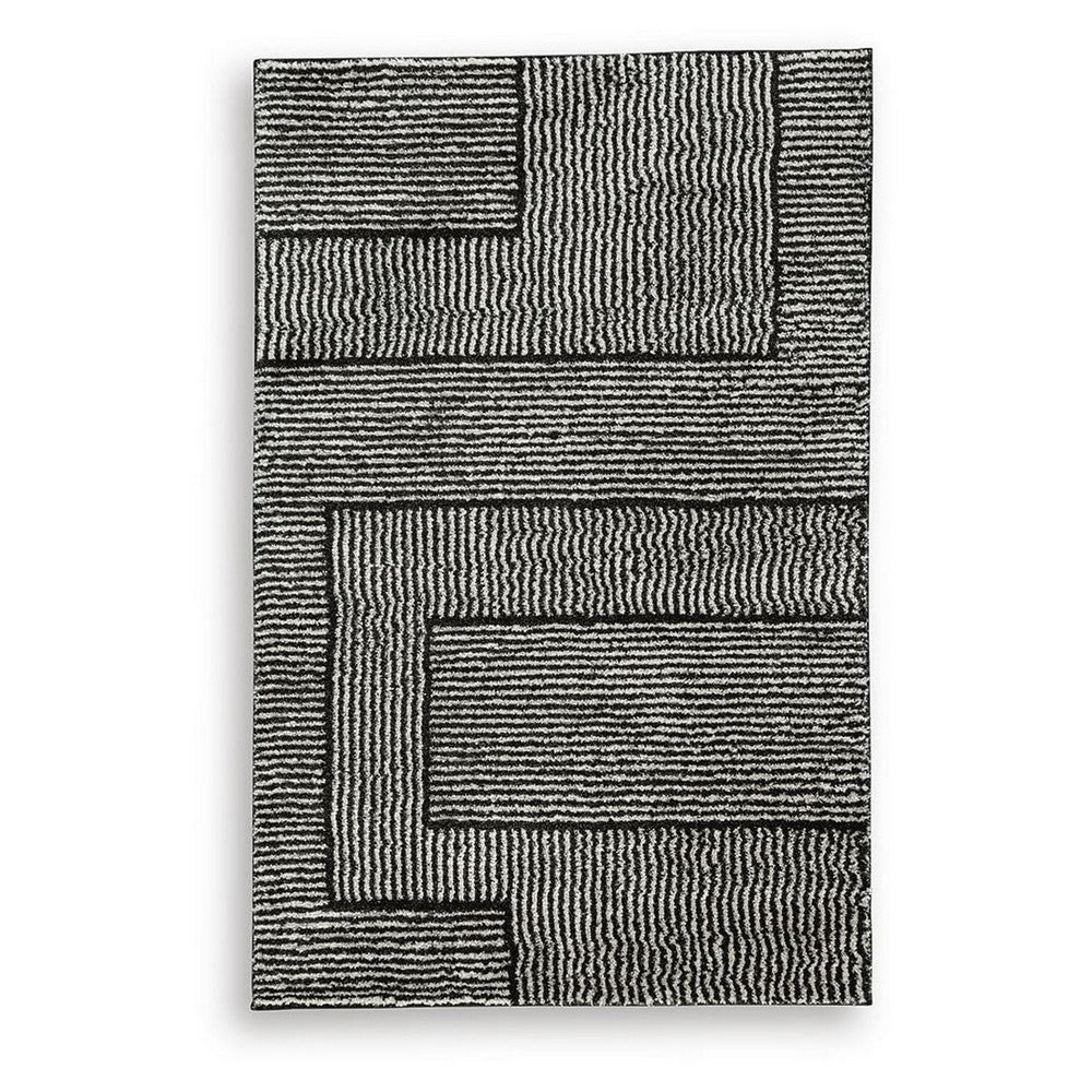 Mera Geometric Medium Area Rug, Black and Ivory Polypropylene Frieze 5x7 - BM355646
