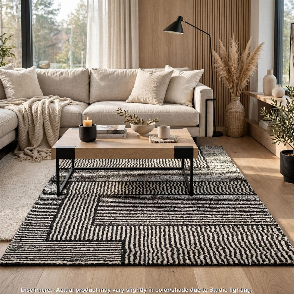Mera Geometric Medium Area Rug, Black and Ivory Polypropylene Frieze 5x7 - BM355646