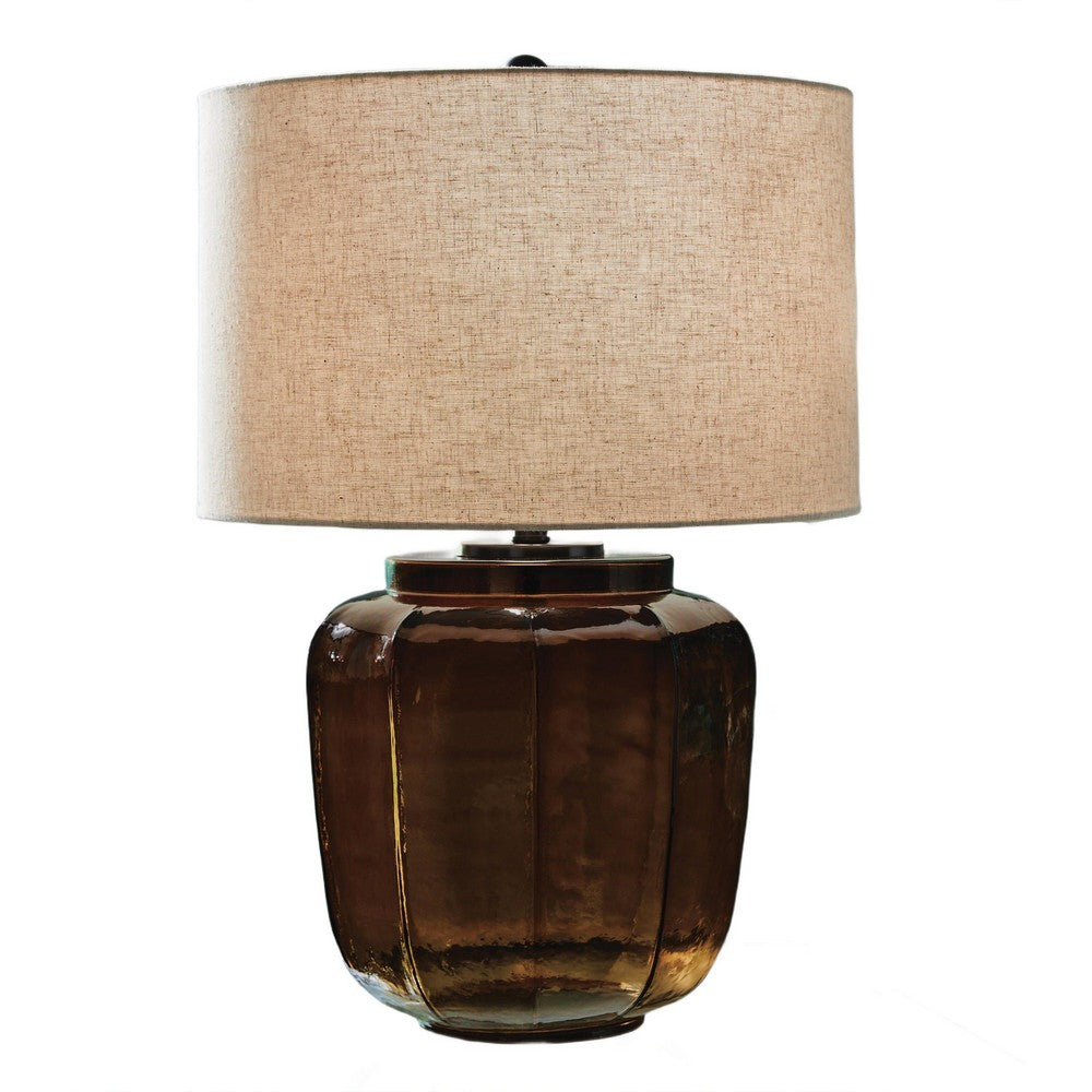 Besa Table Lamp, Amber Brown Glow Glass, Beige Drum Shade, 28 Inch - BM355647