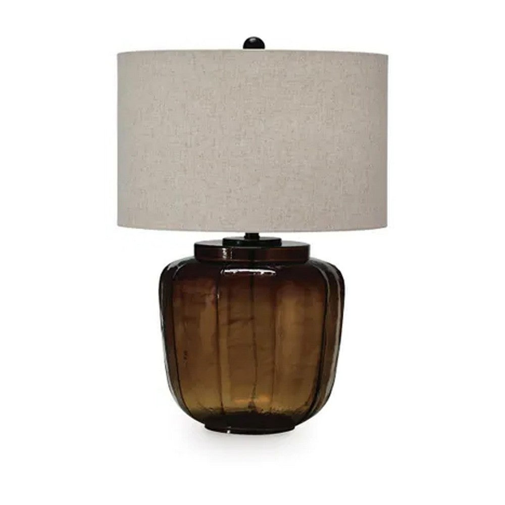Besa Table Lamp, Amber Brown Glow Glass, Beige Drum Shade, 28 Inch - BM355647