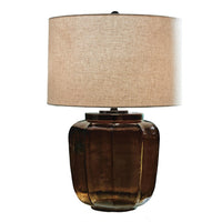 Besa Table Lamp, Amber Brown Glow Glass, Beige Drum Shade, 28 Inch - BM355647