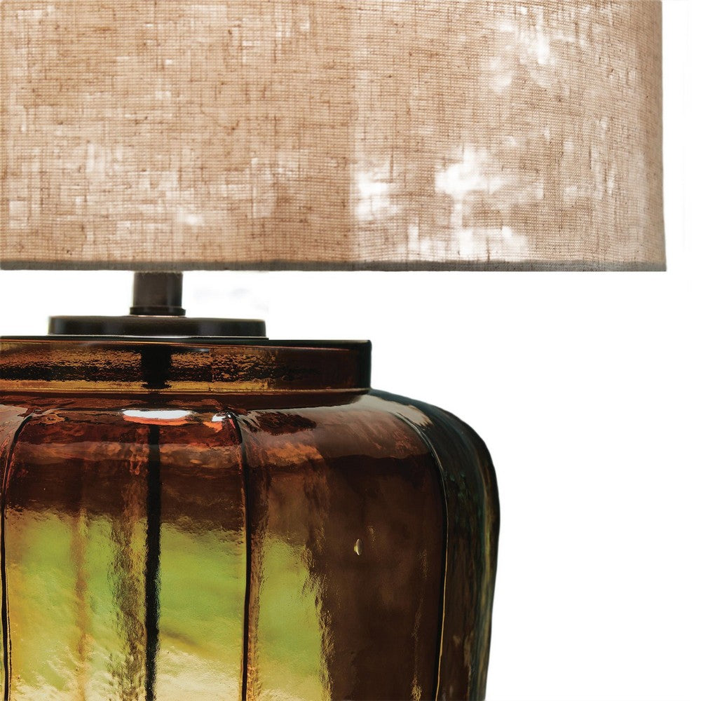 Besa Table Lamp, Amber Brown Glow Glass, Beige Drum Shade, 28 Inch - BM355647