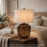 Besa Table Lamp, Amber Brown Glow Glass, Beige Drum Shade, 28 Inch - BM355647