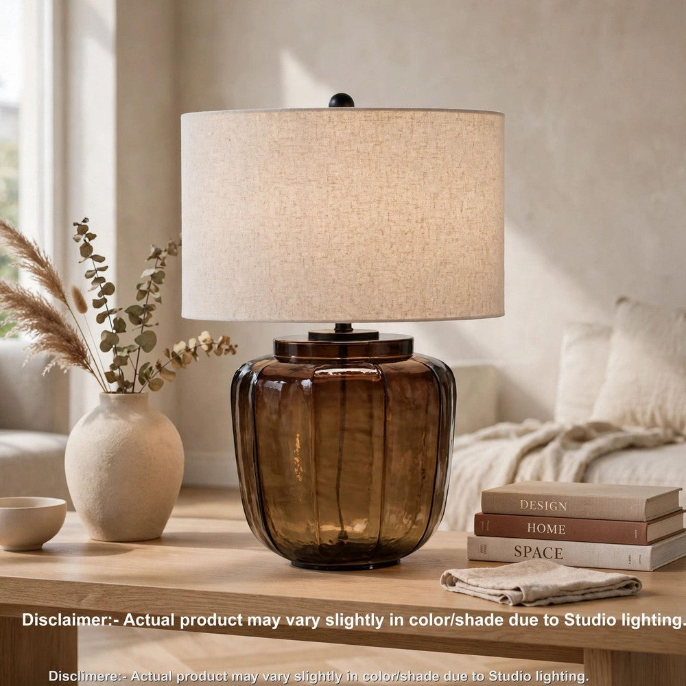 Besa Table Lamp, Amber Brown Glow Glass, Beige Drum Shade, 28 Inch - BM355647
