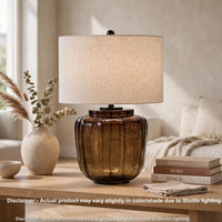Besa Table Lamp, Amber Brown Glow Glass, Beige Drum Shade, 28 Inch - BM355647