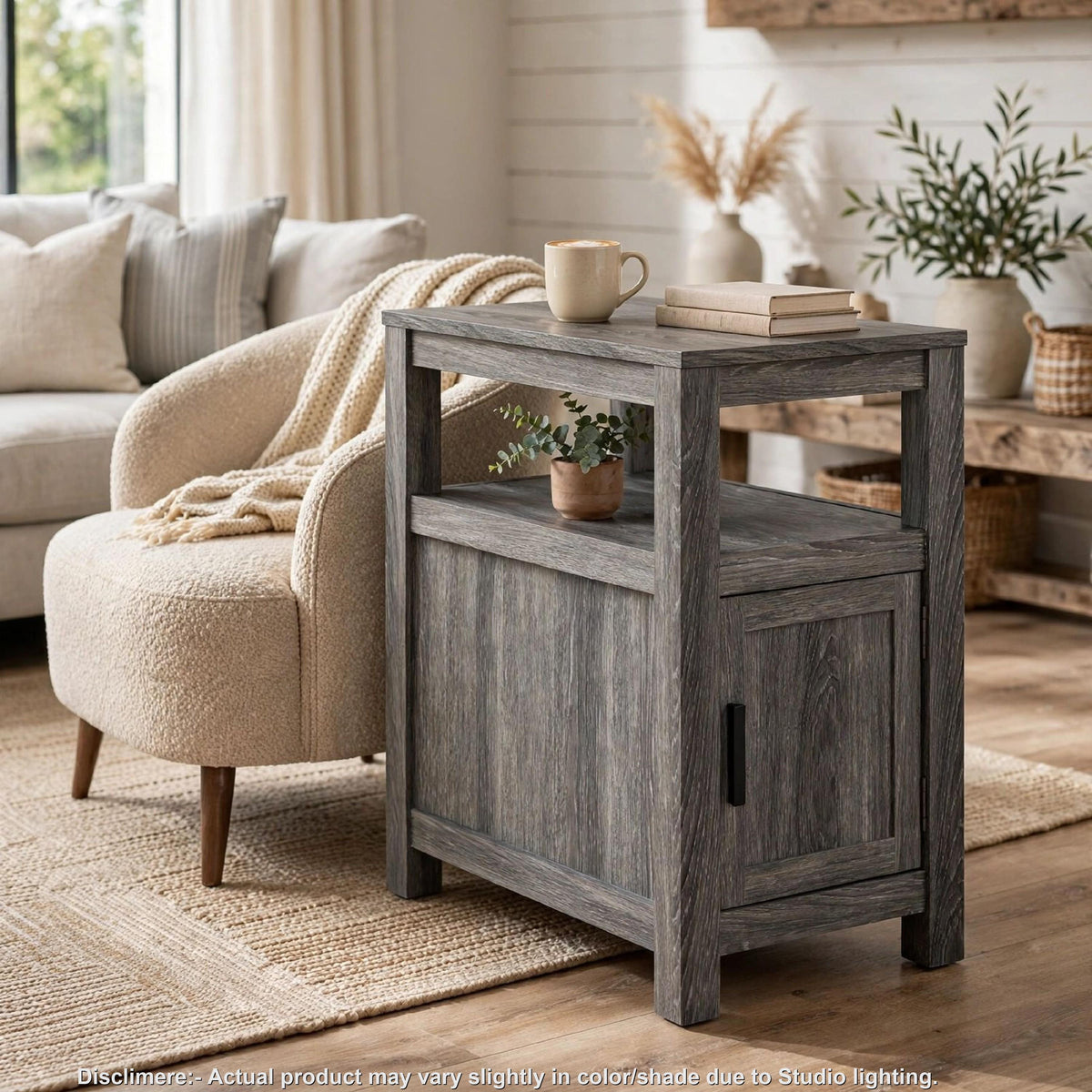 Mesa Chair Side End Table, Open Shelf, USB Ports, Weathered Gray, 25 Inch-BM355649