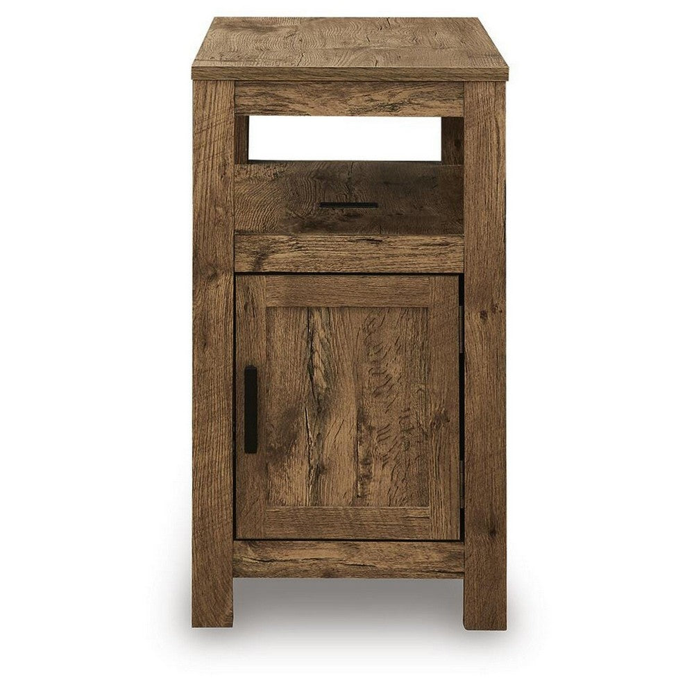 Mesa Chair Side End Table, Open Shelf, USB Ports, Rustic Oak Brown, 25 Inch-BM355650
