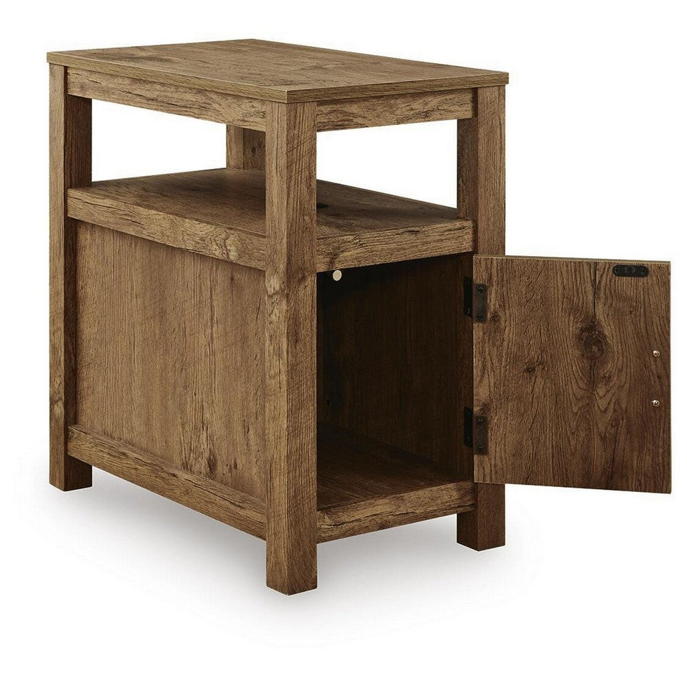 Mesa Chair Side End Table, Open Shelf, USB Ports, Rustic Oak Brown, 25 Inch-BM355650