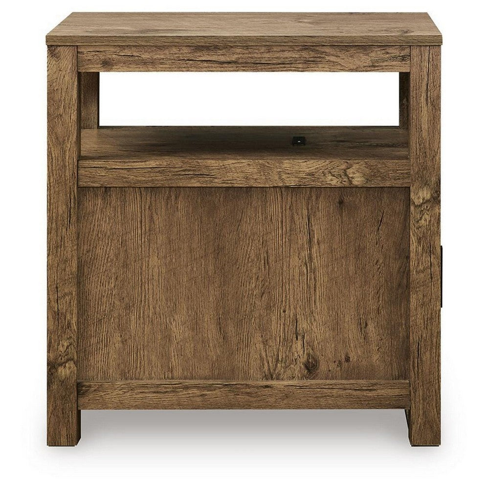 Mesa Chair Side End Table, Open Shelf, USB Ports, Rustic Oak Brown, 25 Inch-BM355650