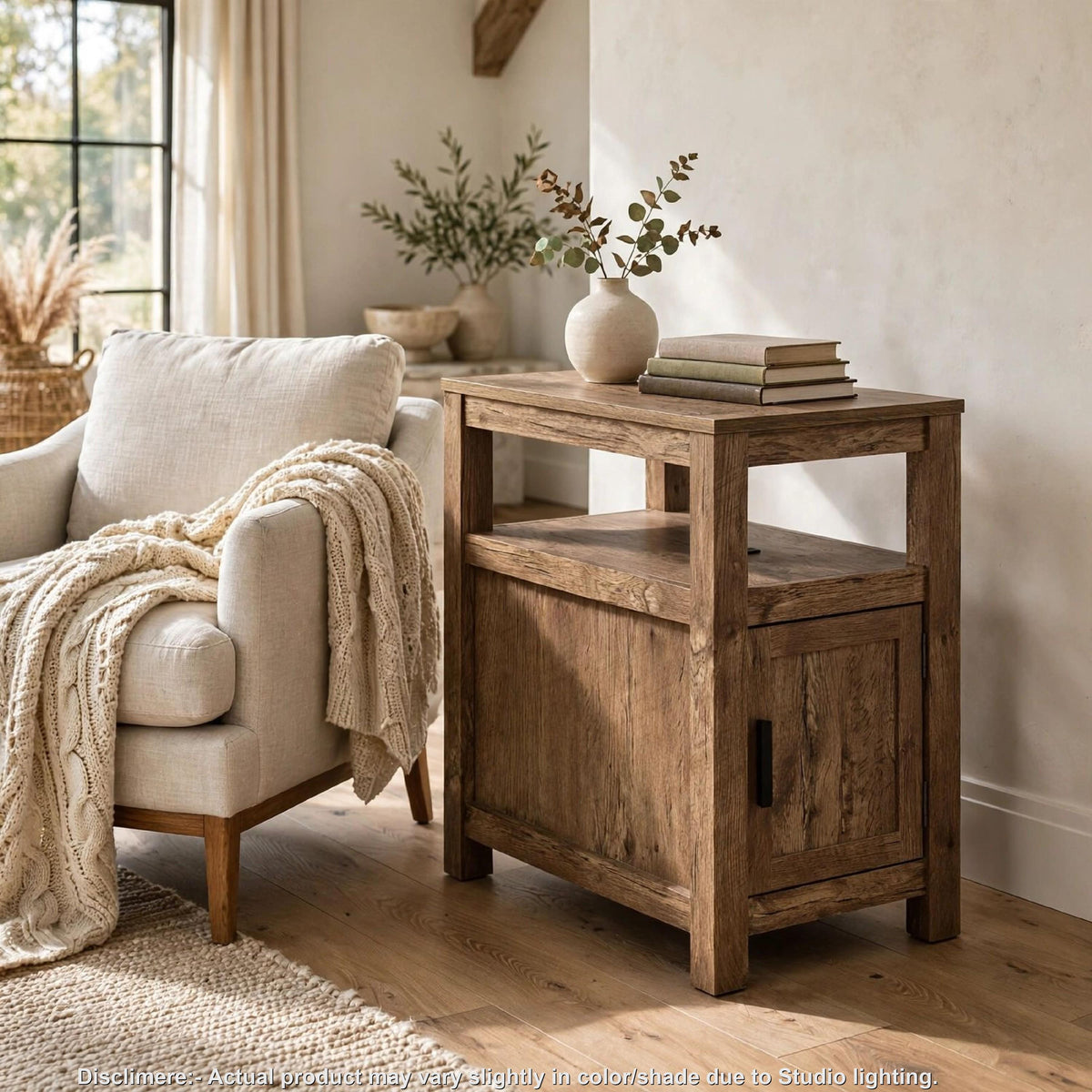 Mesa Chair Side End Table, Open Shelf, USB Ports, Rustic Oak Brown, 25 Inch-BM355650