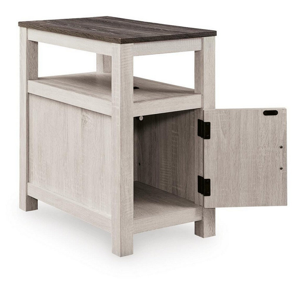 Mesa Chair Side End Table, Open Shelf, USB Ports, Antique White, 25 Inch-BM355651