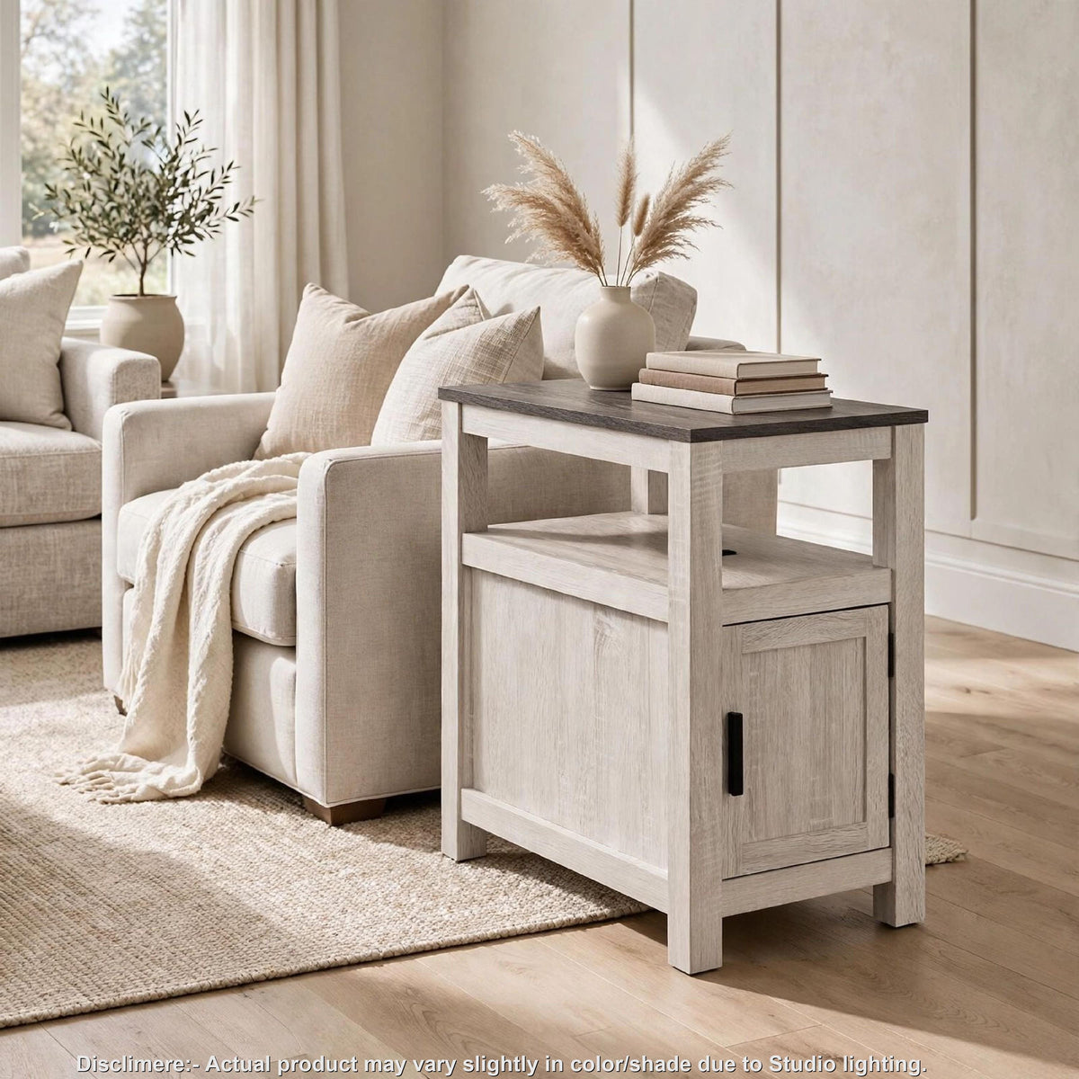Mesa Chair Side End Table, Open Shelf, USB Ports, Antique White, 25 Inch-BM355651