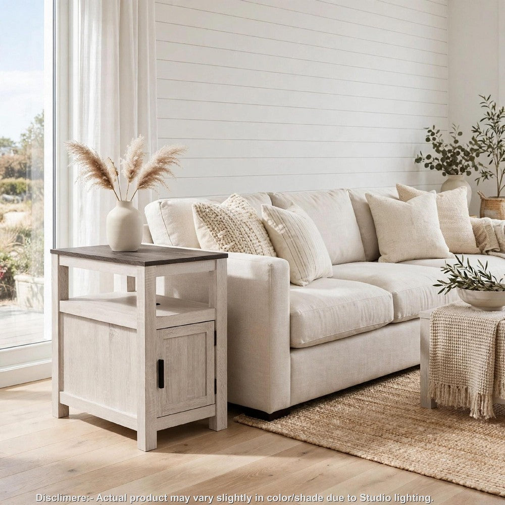 Mesa Chair Side End Table, Open Shelf, USB Ports, Antique White, 25 Inch-BM355651